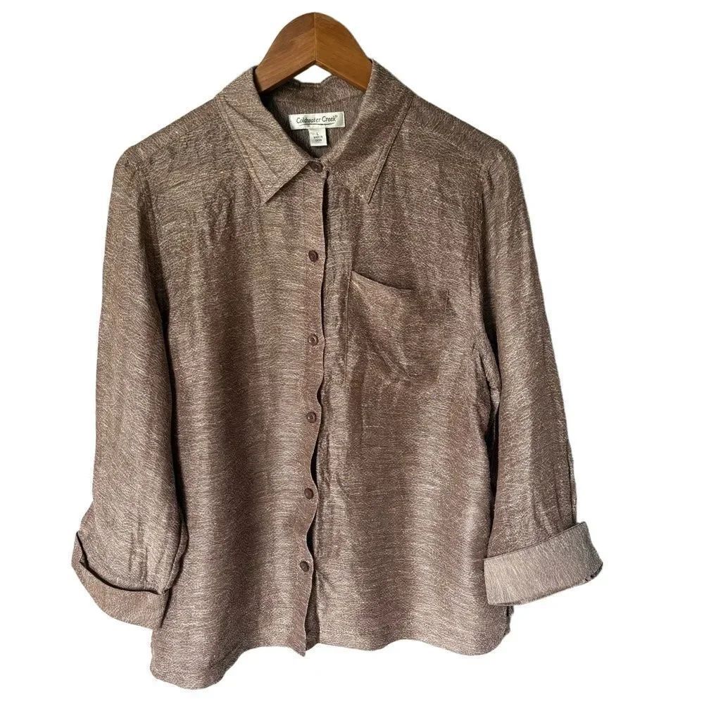 Coldwater Creek Shirt Silk Linen Blend Size L Brown ButtonUp Collared Textured
